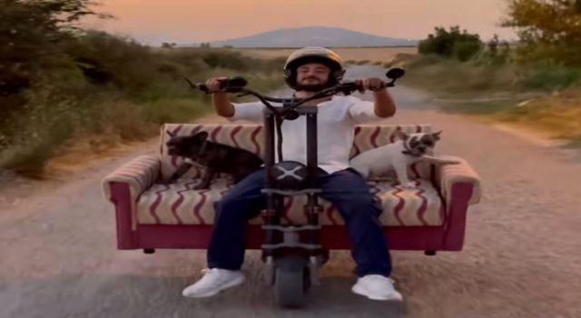 Scootere koltuk monte edip, köpekleriyle yolculuk yaptı